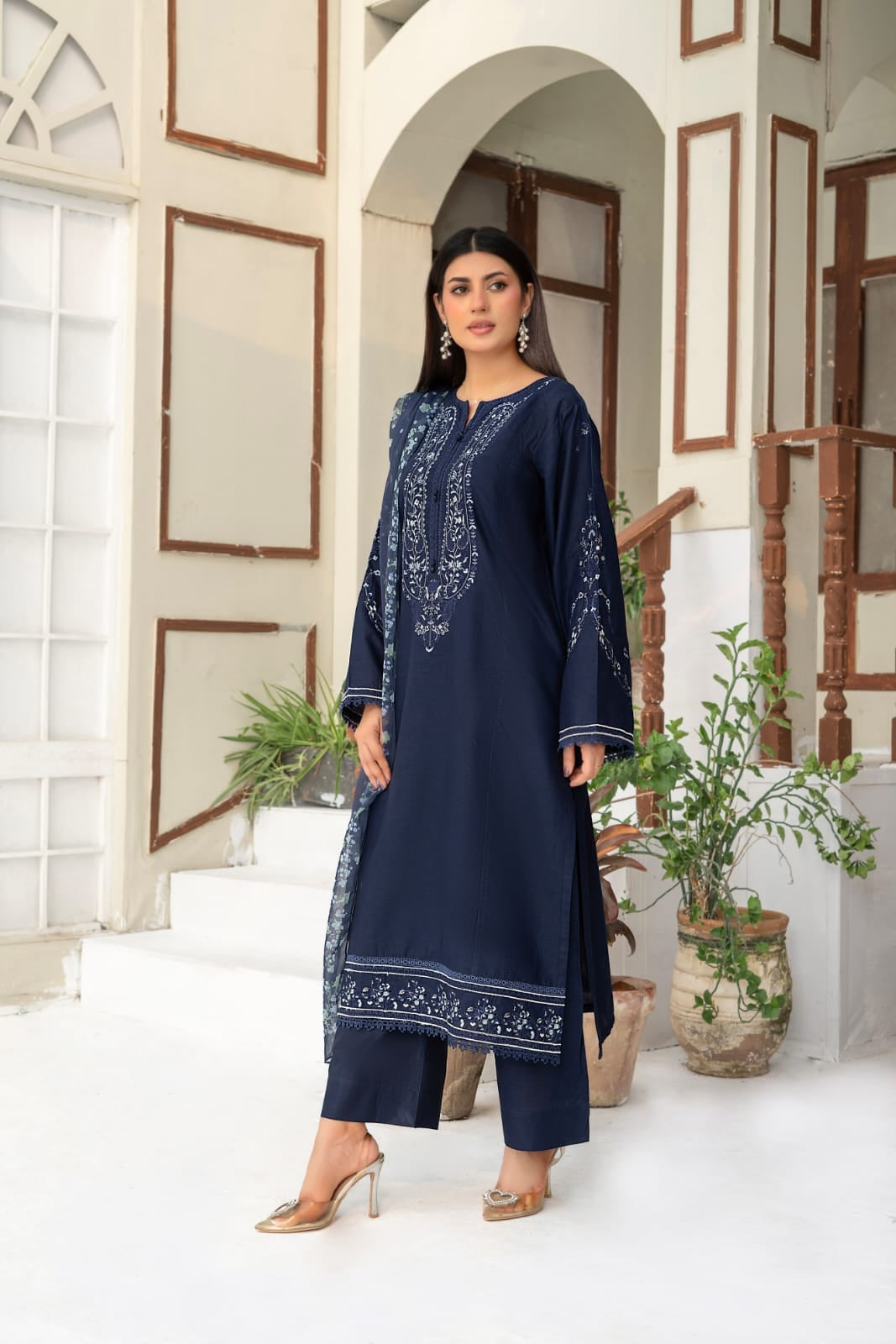 Blue Embroidered 3-Piece