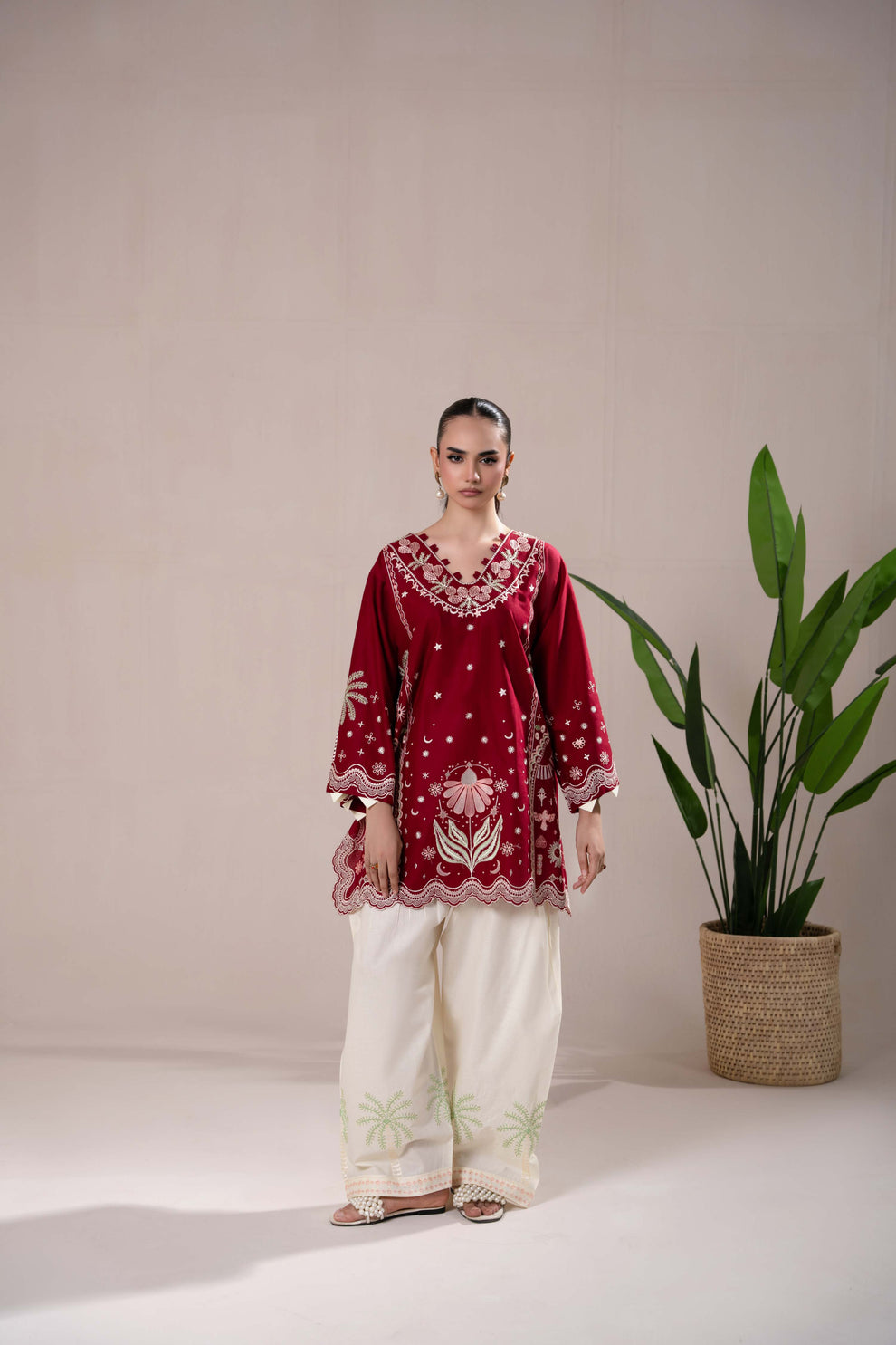 maroon  Embroidered 3-Piece