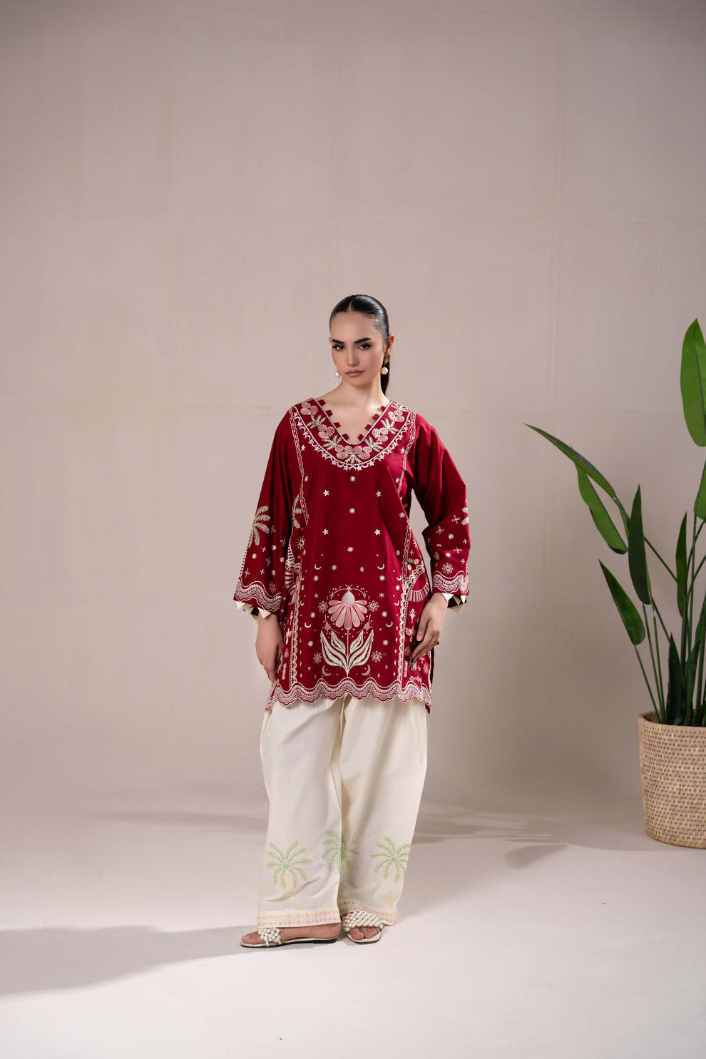maroon  Embroidered 3-Piece