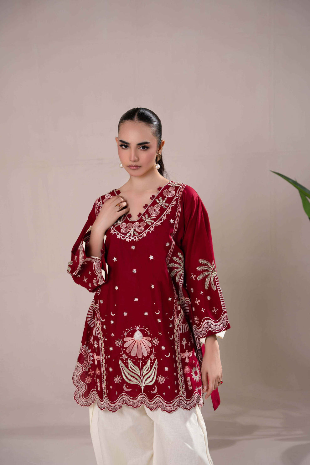 maroon  Embroidered 3-Piece