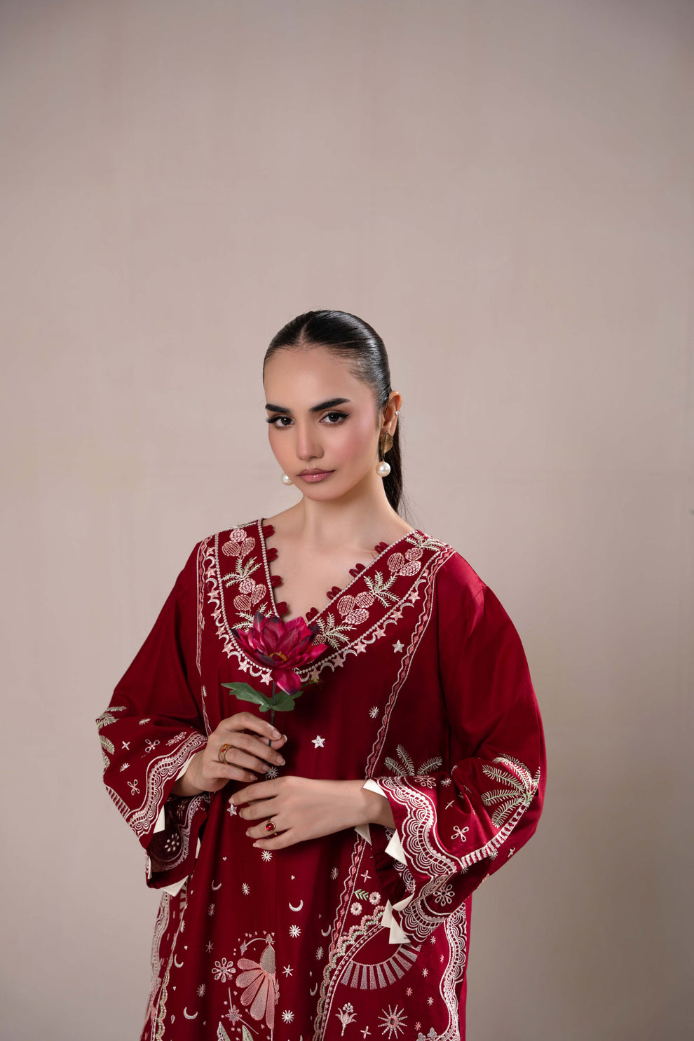 maroon  Embroidered 3-Piece