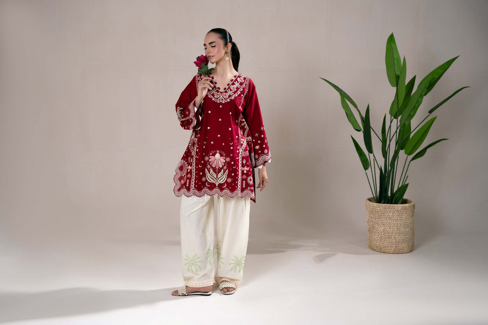 maroon  Embroidered 3-Piece