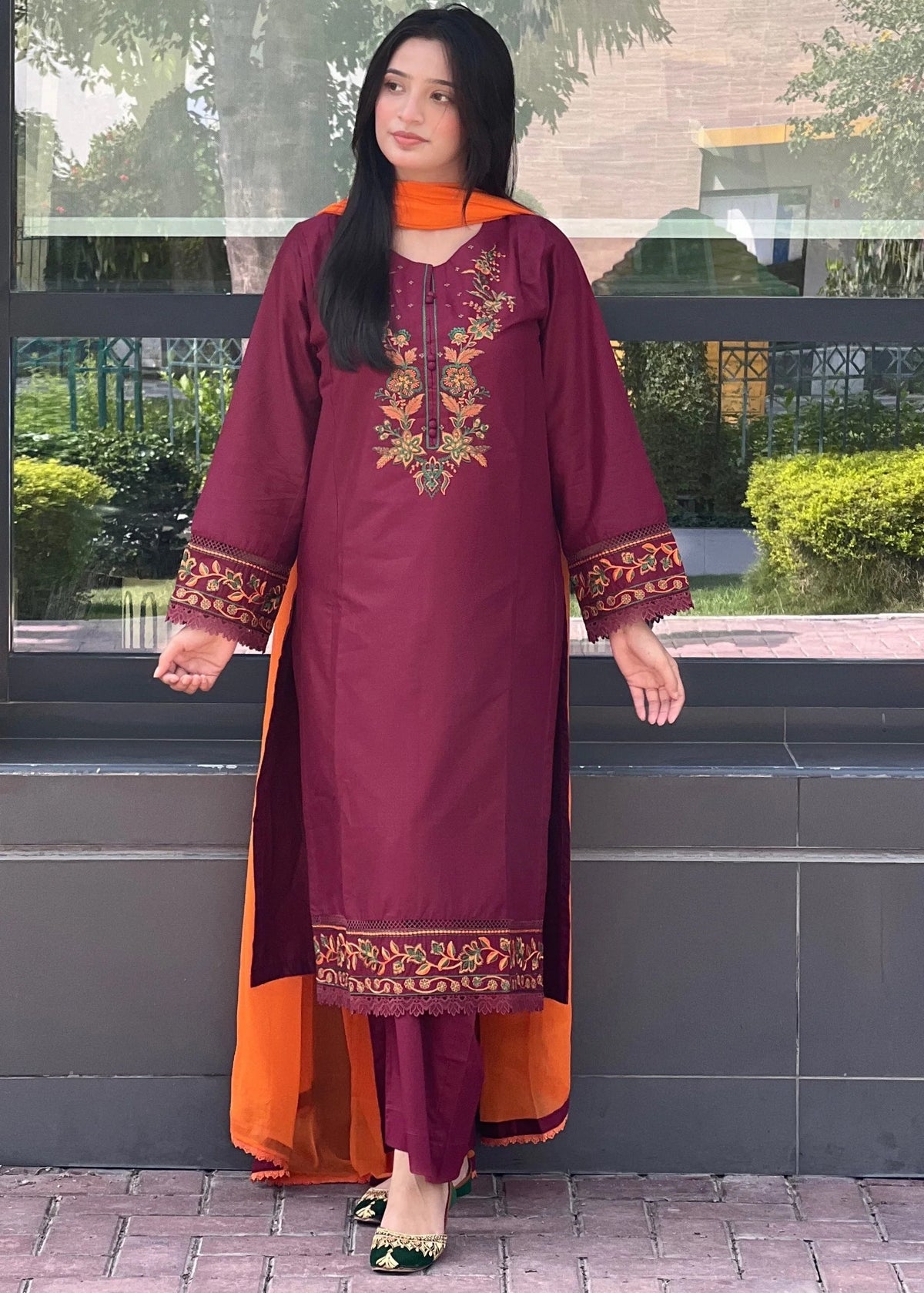 Maroon Embroidered 3-Piece