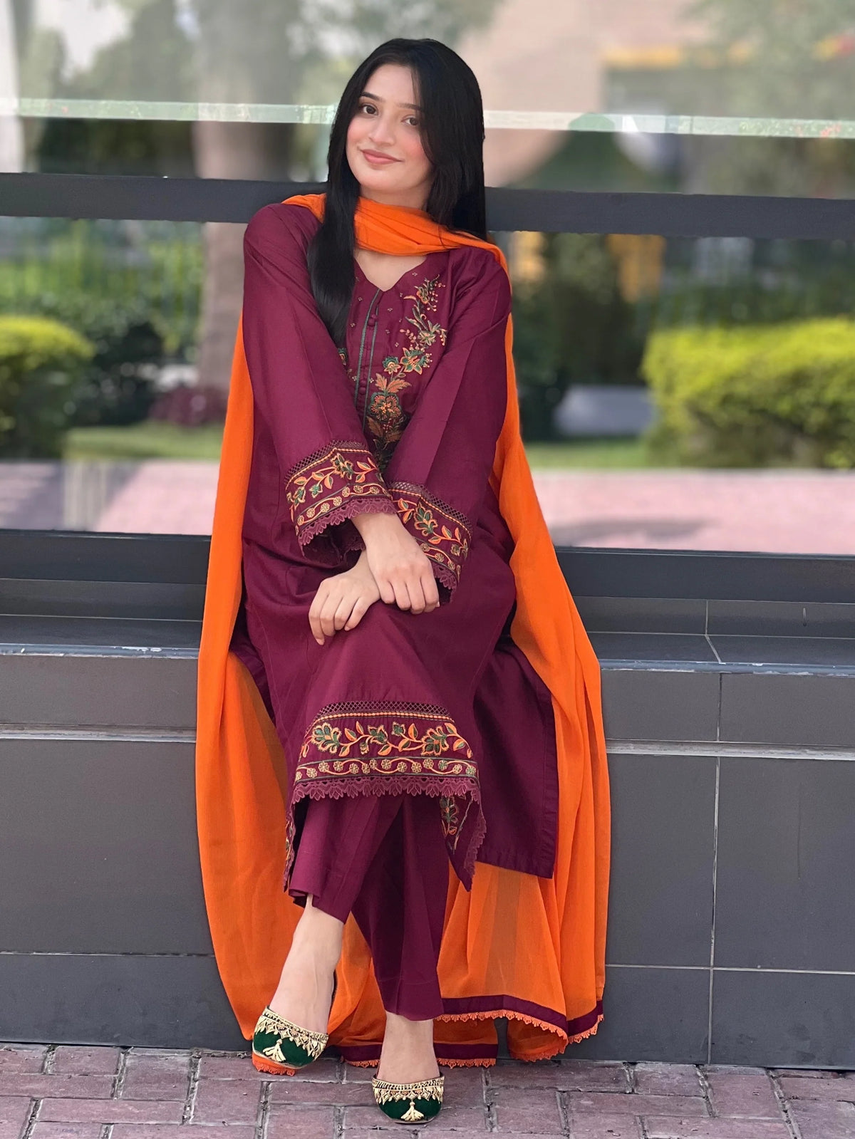 Maroon Embroidered 3-Piece
