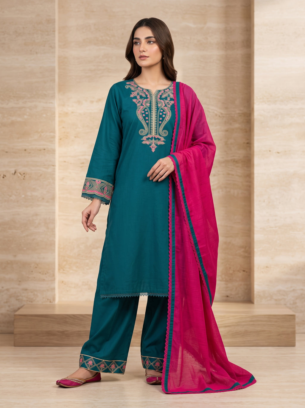 Teal Blue Embroidered 3-Piece