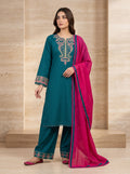 Teal Blue Embroidered 3-Piece