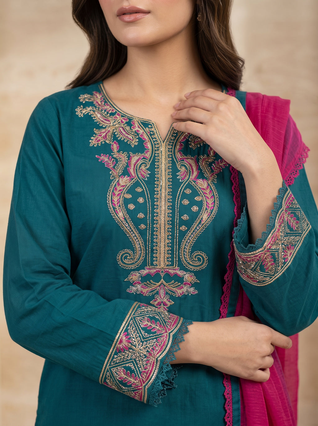 Teal Blue Embroidered 3-Piece