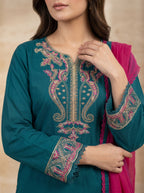 Teal Blue Embroidered 3-Piece