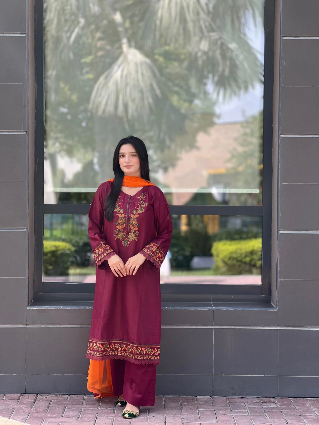 Maroon Embroidered 3-Piece