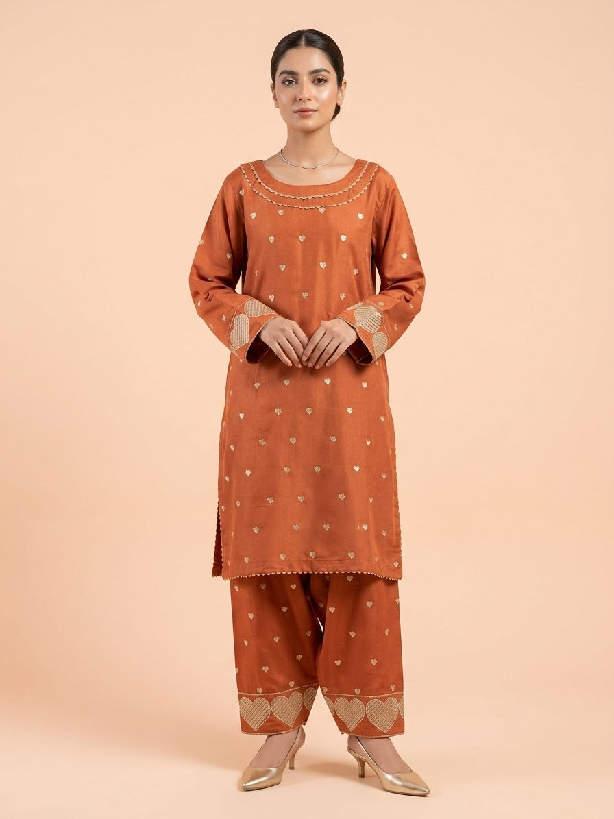Rust Orange Embroidered 2-Piece