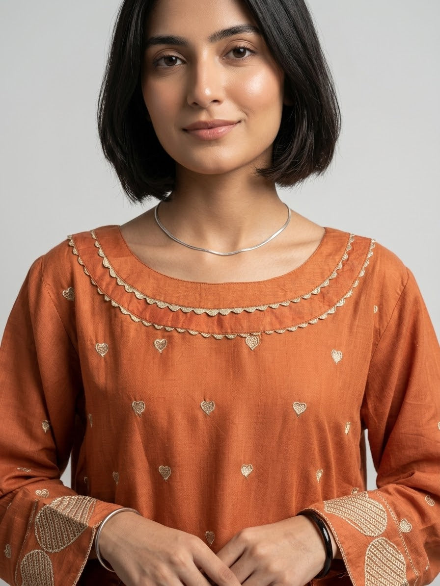 Rust Orange Embroidered 2-Piece