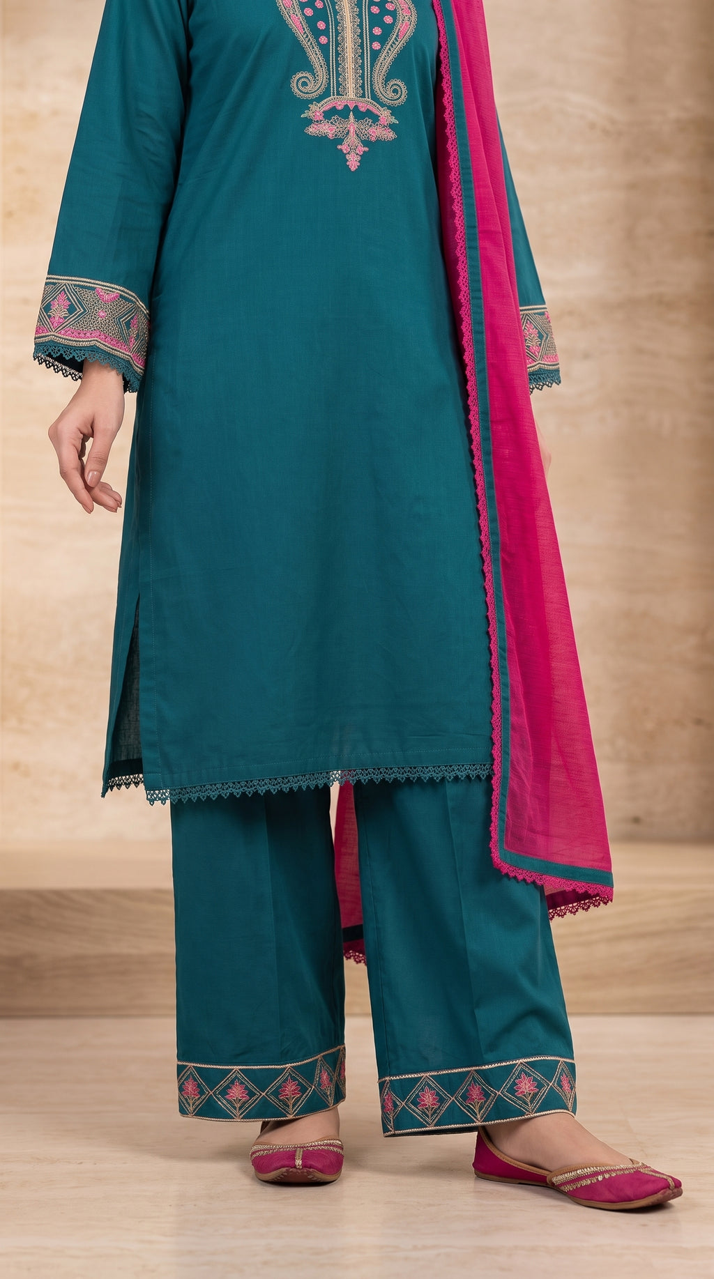 Teal Blue Embroidered 3-Piece