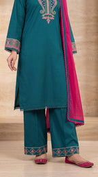 Teal Blue Embroidered 3-Piece