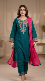 Teal Blue Embroidered 3-Piece