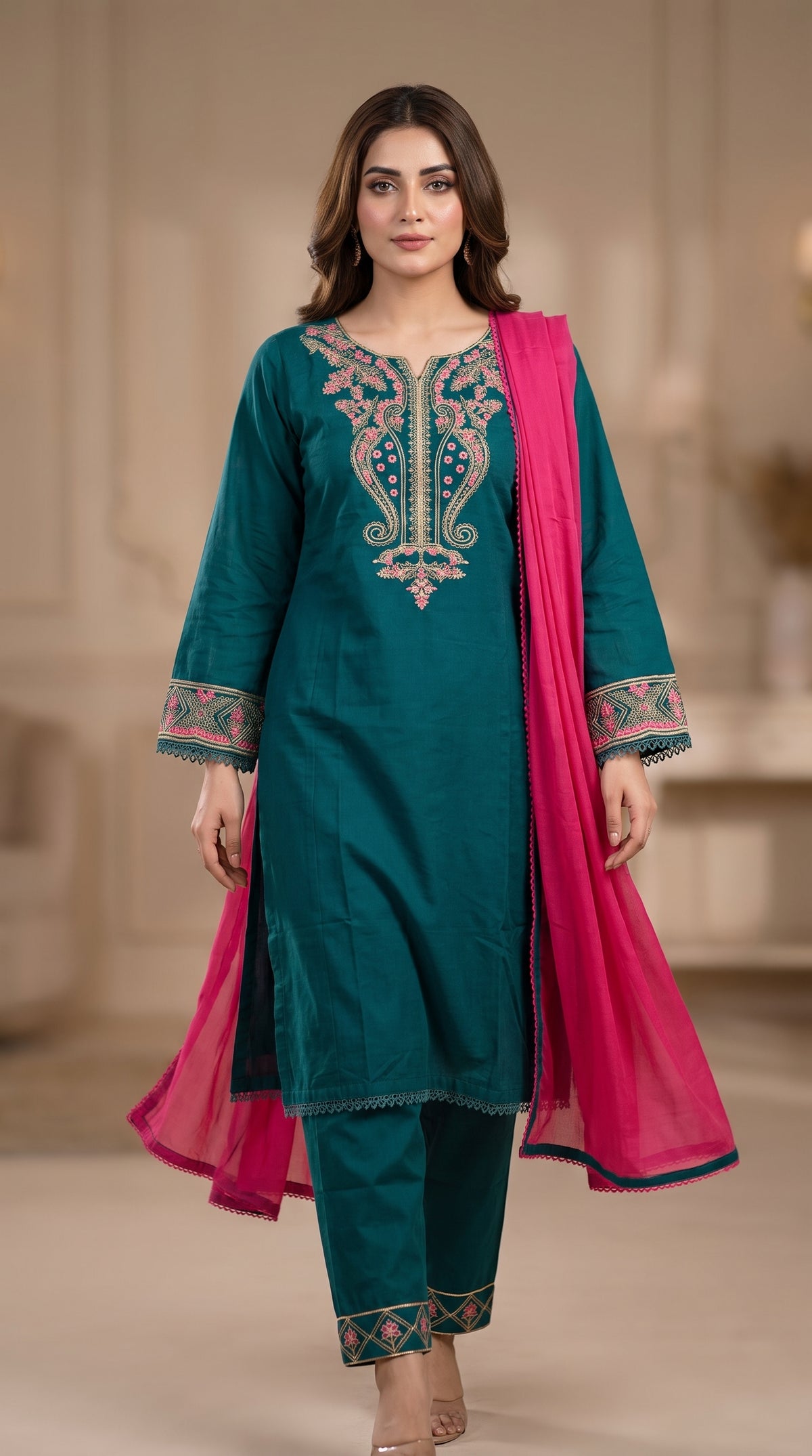 Teal Blue Embroidered 3-Piece