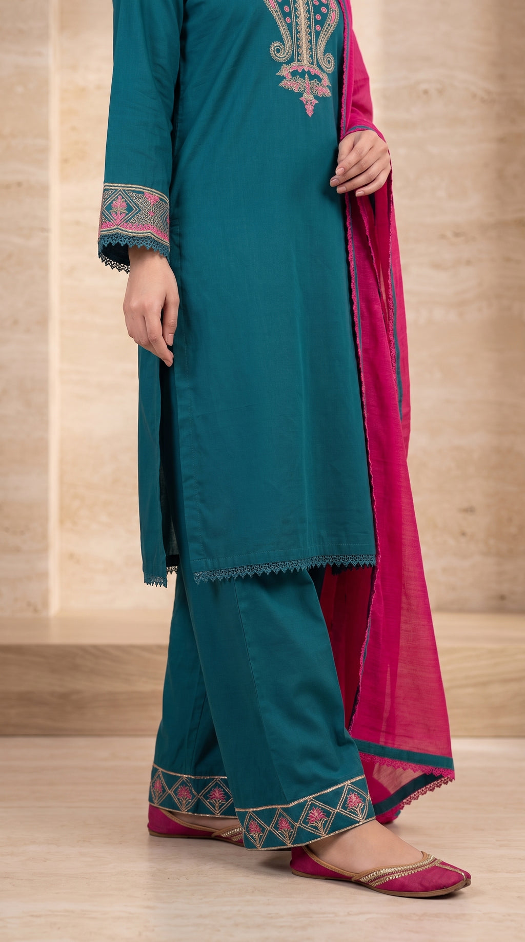 Teal Blue Embroidered 3-Piece