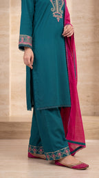 Teal Blue Embroidered 3-Piece