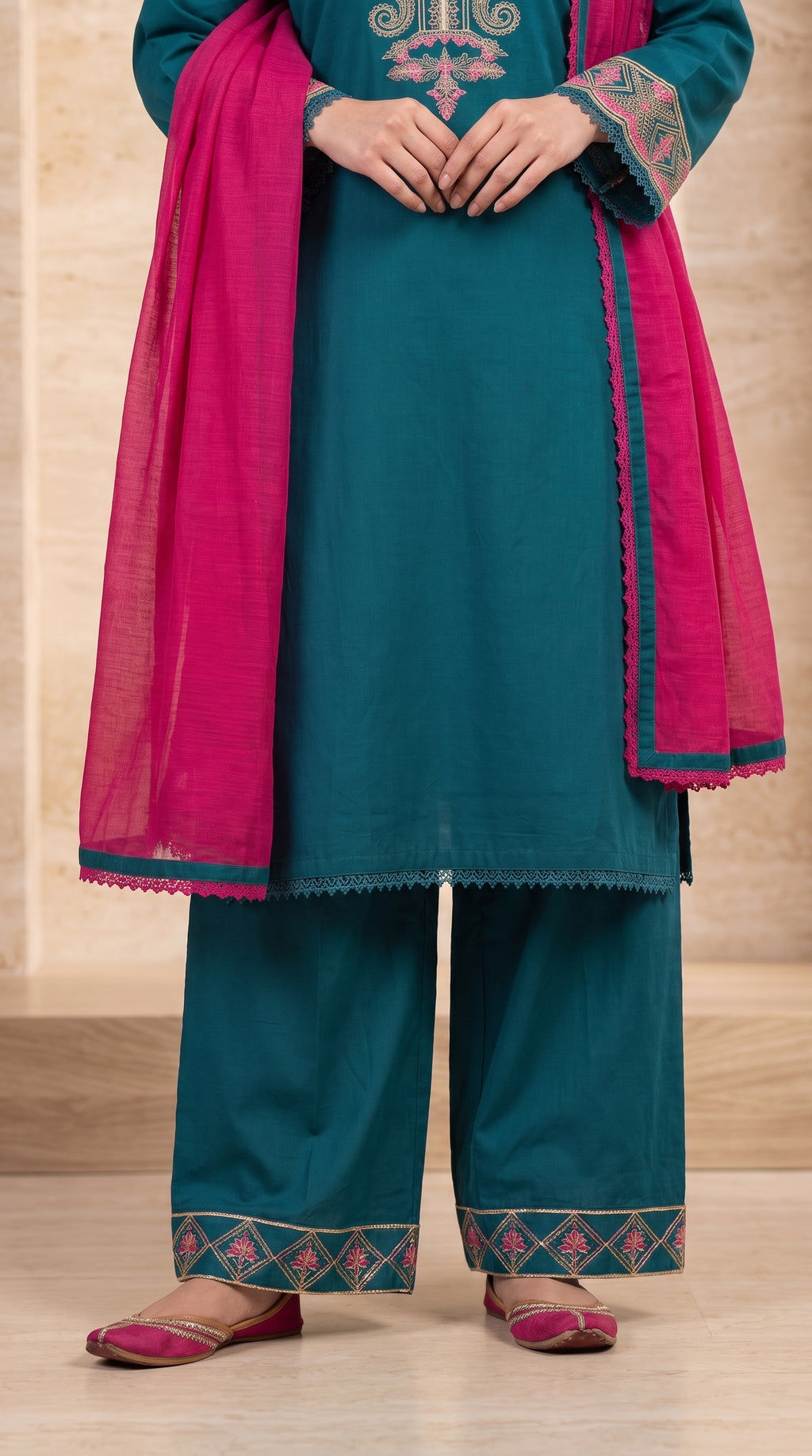 Teal Blue Embroidered 3-Piece