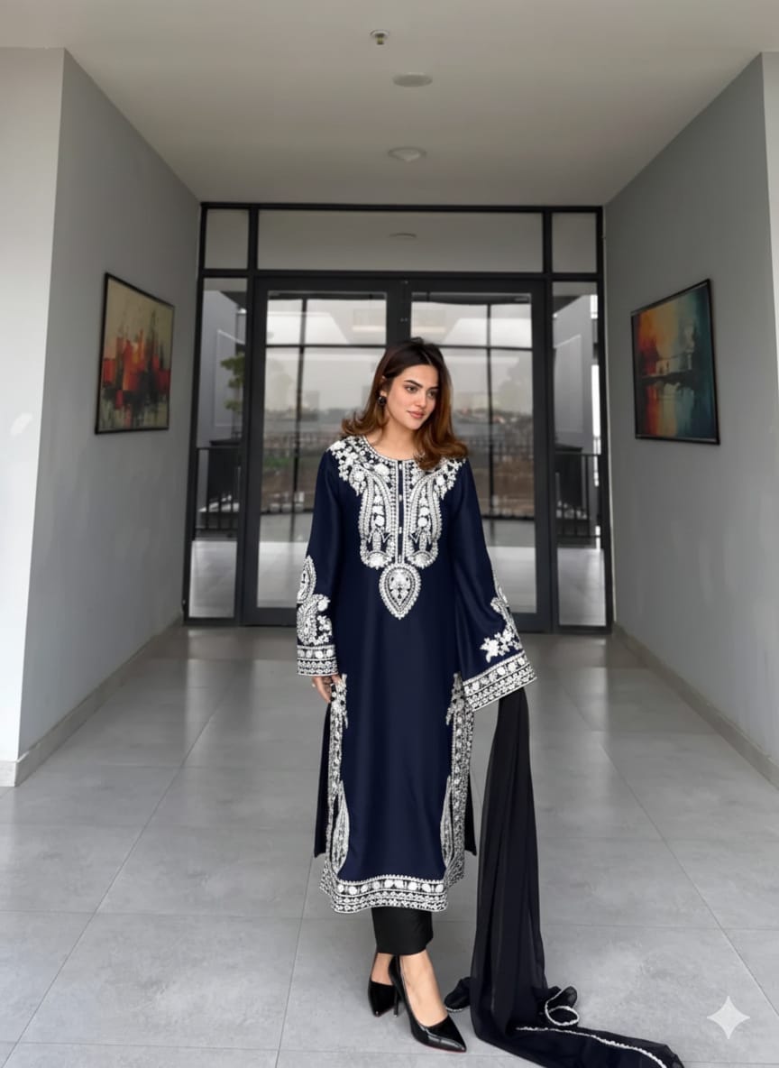 blue  Embroidered 3-Piece