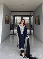 blue  Embroidered 3-Piece