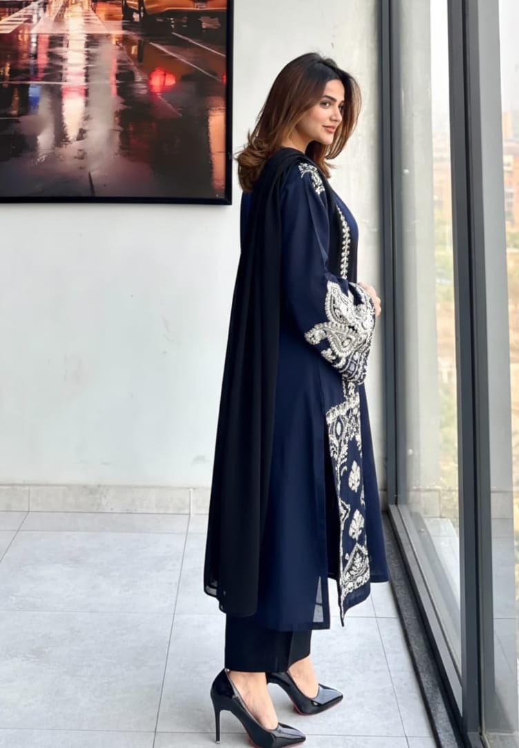 blue  Embroidered 3-Piece