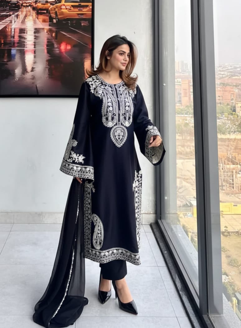 blue  Embroidered 3-Piece