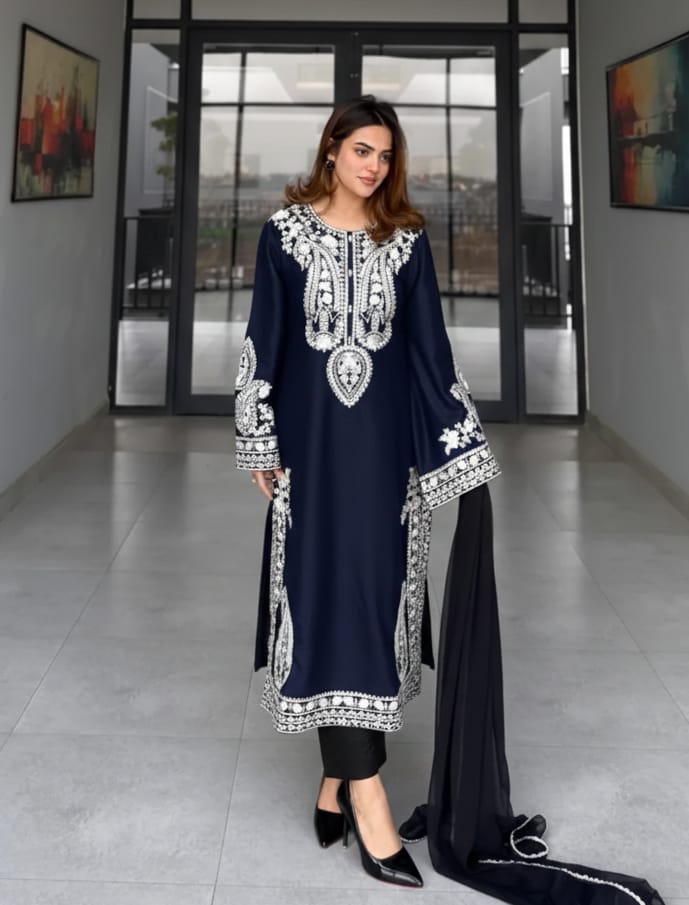 blue  Embroidered 3-Piece