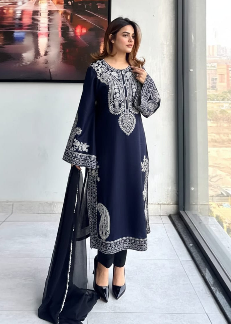 blue  Embroidered 3-Piece