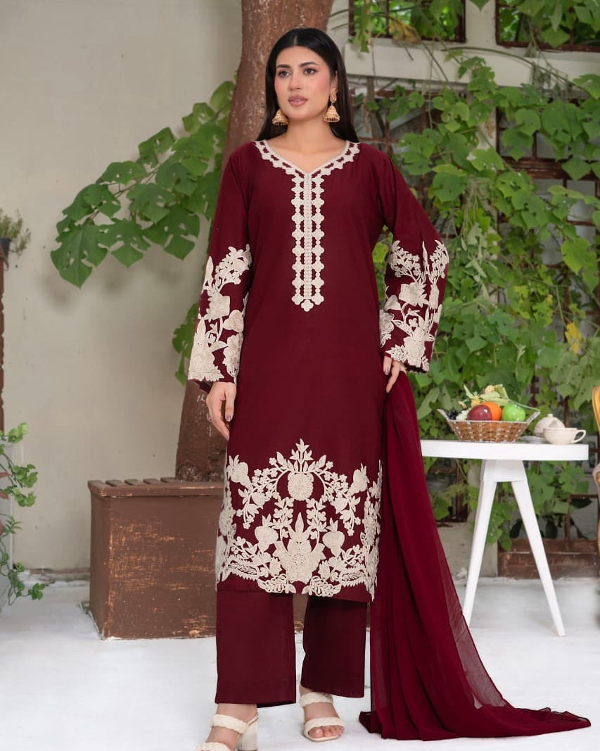 Maroon Embroidered 3-Piece