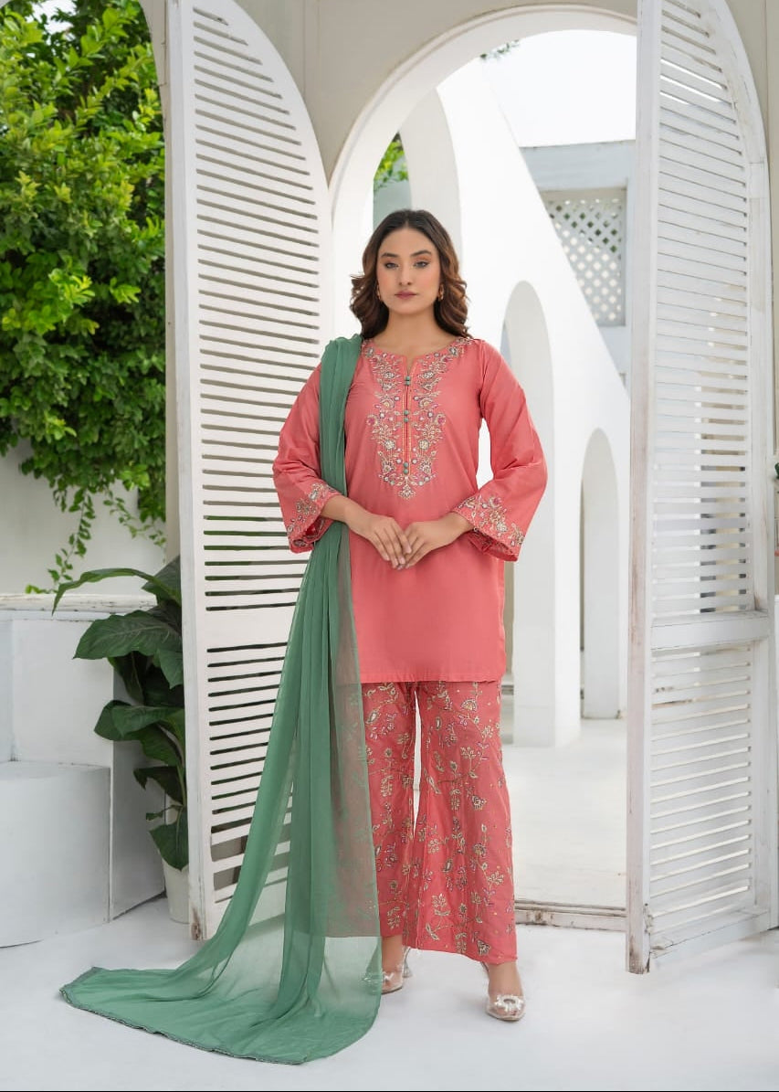 Tea pink  Embroidered 3-Piece