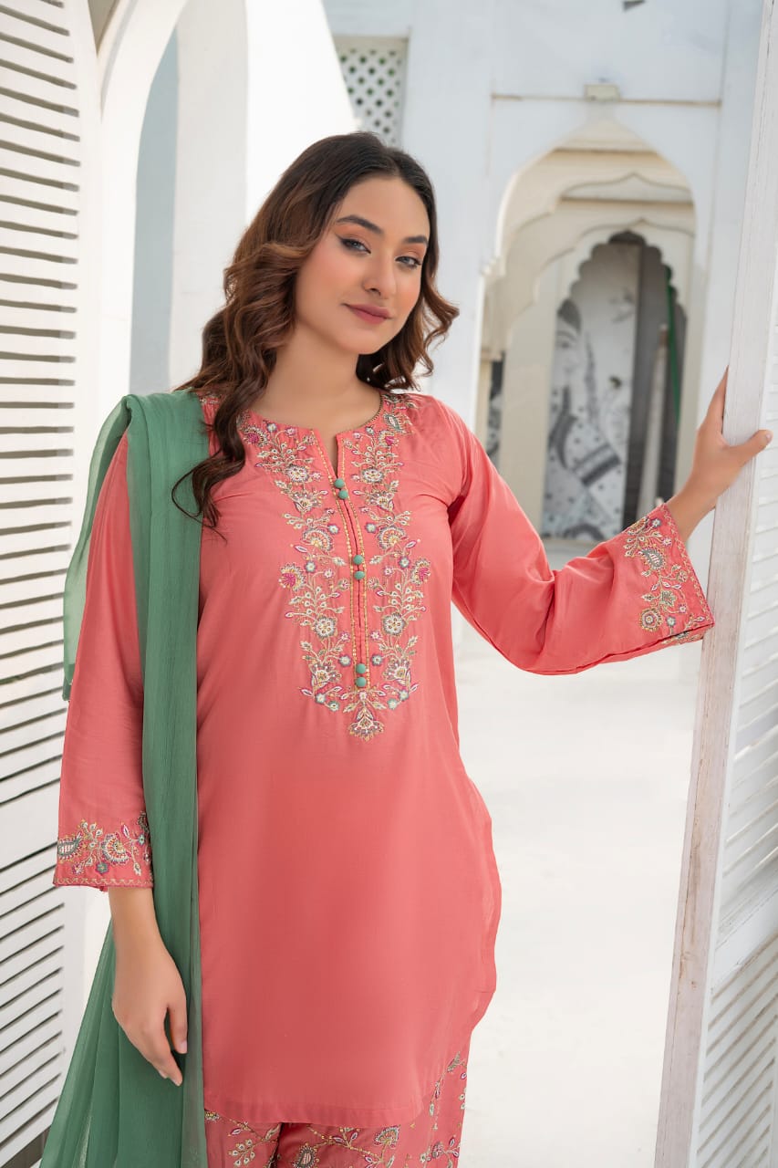 Tea pink  Embroidered 3-Piece