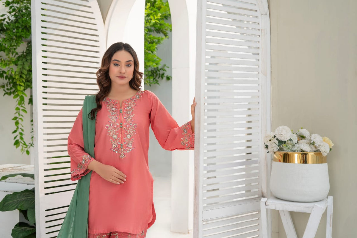 Tea pink  Embroidered 3-Piece