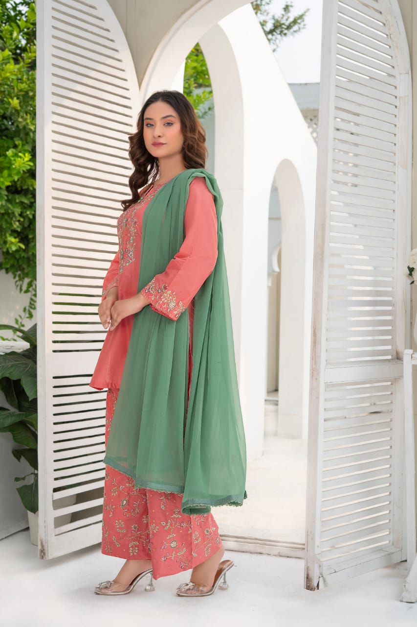 Tea pink  Embroidered 3-Piece