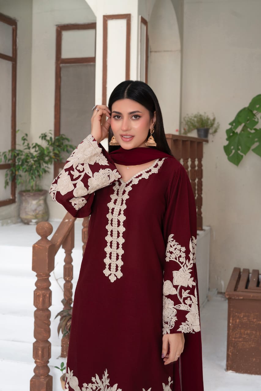 Maroon Embroidered 3-Piece