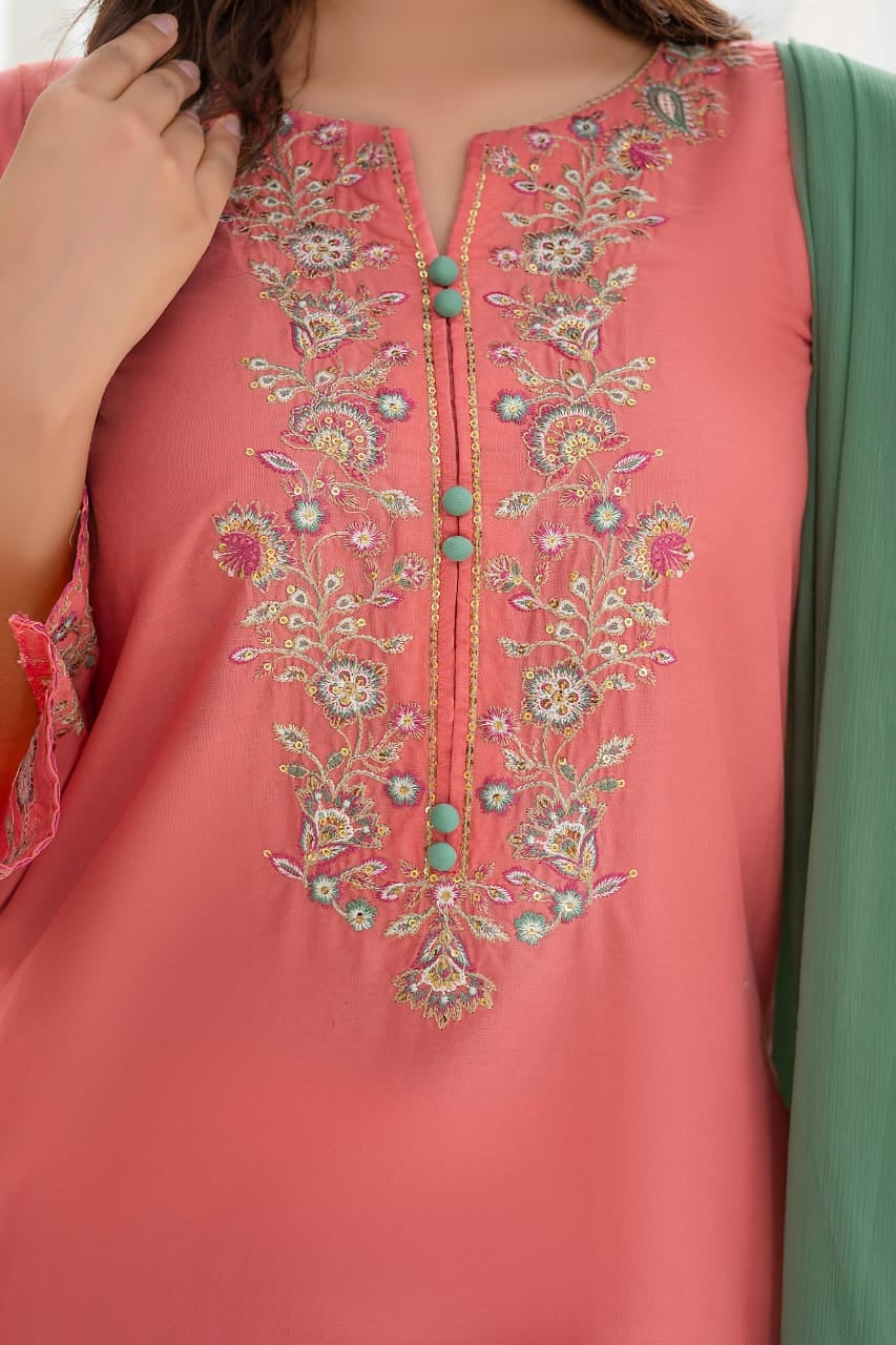 Tea pink  Embroidered 3-Piece